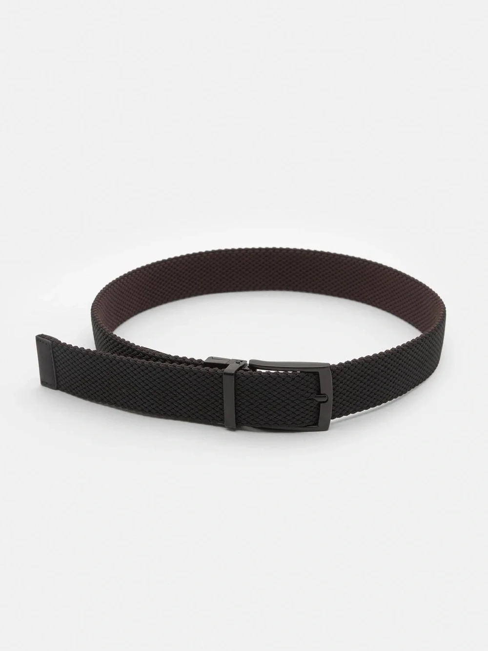 NWOT. Zara Man Black Reversible Leather Trim Stretch Belt. Size M.